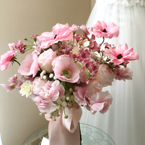 ふわゆれピンクのウェディングブーケ ブートニア2点セット ブーケ  