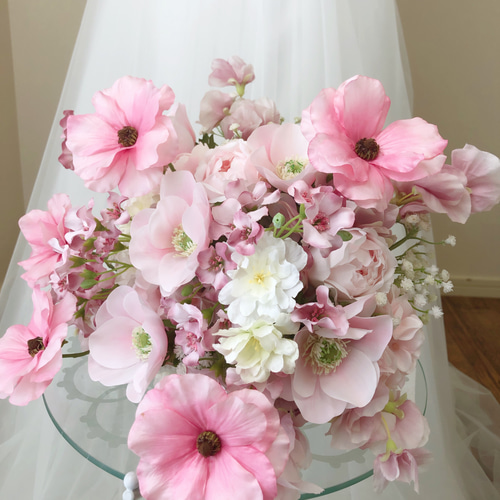 ふわゆれピンクのウェディングブーケ ブートニア2点セット ブーケ  