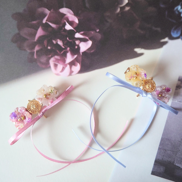 お花とひらひらリボンのアンティーク風ポニーフック(グレイッシュピンク) 3枚目の画像