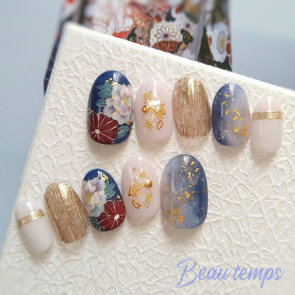 和柄ネイル紺♡ネイルチップ168 ネイルチップ（つけ爪） Beau