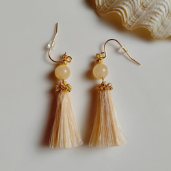 黃翡翠◇精麻タッセルピアスミニビーズ刺繍ゴールドフリンジイヤリング