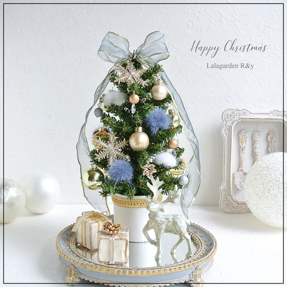 クリスマスが終わっても楽しめる♩ミラートレイ・トナカイ・プレゼントBOX付き　Blue Gold Christmas60 3枚目の画像