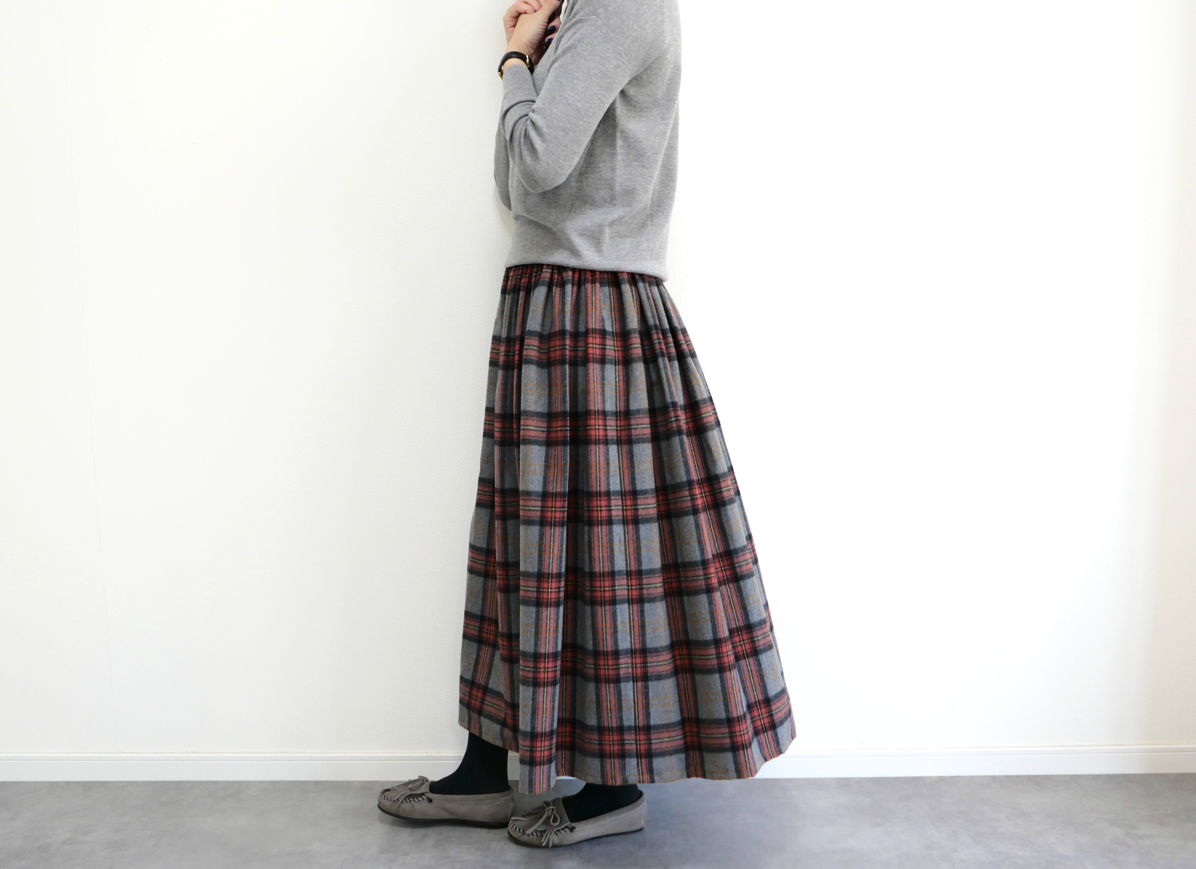 上質起毛シャギーチェックスカート　グレーレッド