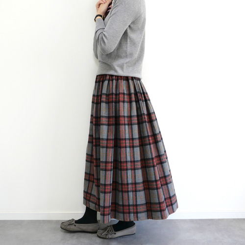 上質起毛シャギーチェックスカート グレーレッド ロングスカート