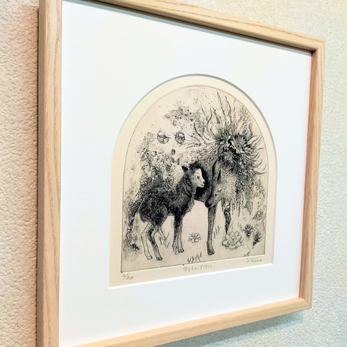 版画　詩:高木恭造　吹雪 フギ 額装 サイン・落款有り 額付 守るもの、すくすくと」銅版画/額付 版画 高尾ふき子 通販 14901877
