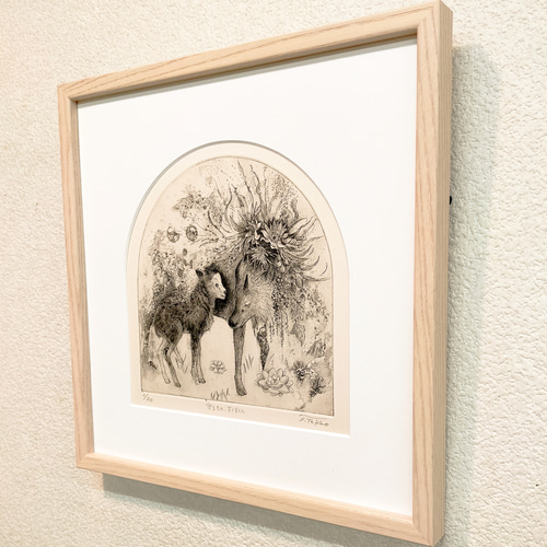版画　詩:高木恭造　吹雪 フギ 額装 サイン・落款有り 額付 守るもの、すくすくと」銅版画/額付 版画 高尾ふき子 通販 14901877