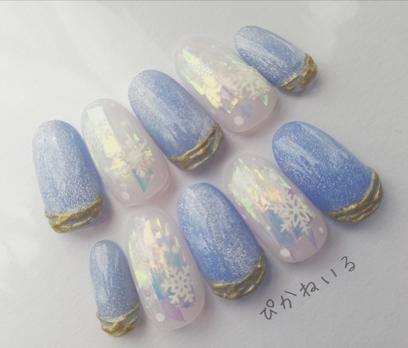 くすみブルーマグネット×うるうる雪結晶ネイル ネイルチップ（つけ爪