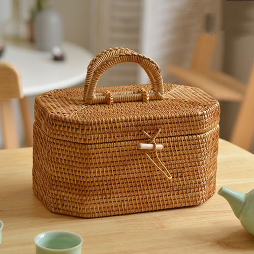 ラタン製 蓋付きバスケット 収納 カバー 小物を可愛く収納 フリー