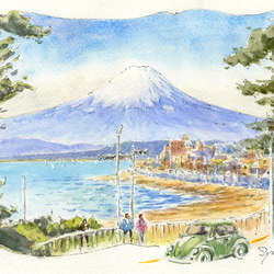 水彩画原画　富士山と稲村ヶ崎　＃565 2枚目の画像