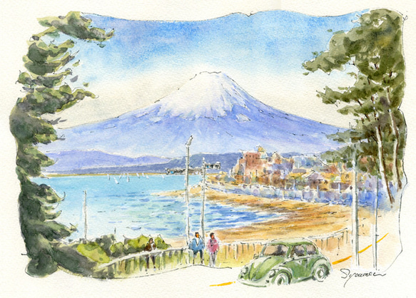 水彩画原画　富士山と稲村ヶ崎　＃565 2枚目の画像