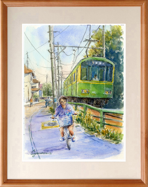水彩画原画 湘南の海5・江ノ電七里ヶ浜踏切（＃408）