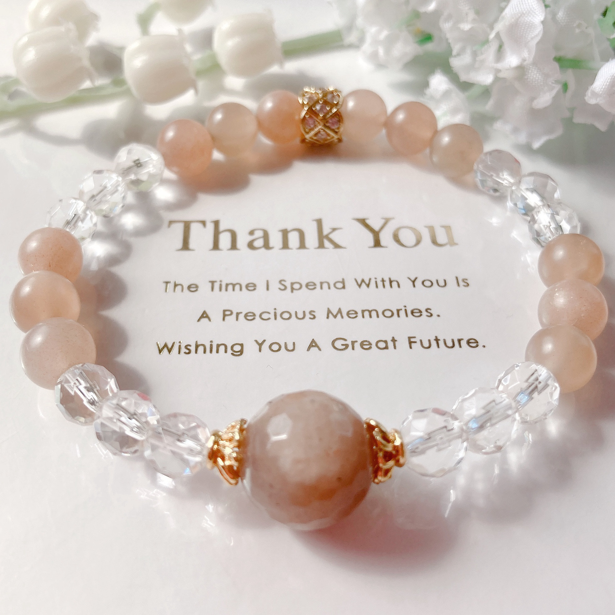 オレンジサンムーンストーン水晶天然石ブレスレット