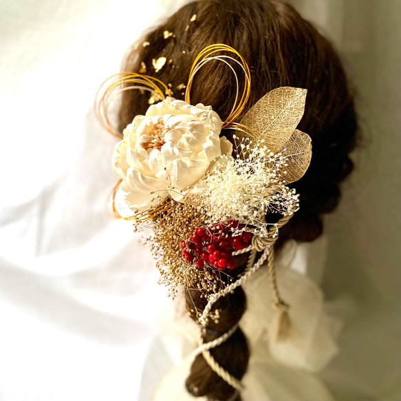 金箔＆水引付き　ソーラーフラワー　芍薬の髪飾り　アイボリー　／成人式　結婚式　卒業式　振袖　袴　 3枚目の画像