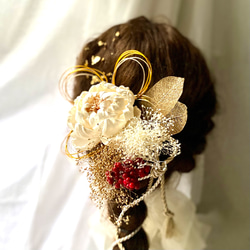 金箔＆水引付き　ソーラーフラワー　芍薬の髪飾り　アイボリー　／成人式　結婚式　卒業式　振袖　袴　 2枚目の画像