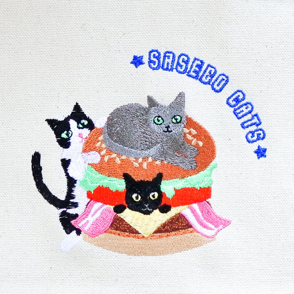 ハンバーガー＆猫の刺繍トートバッグ｜佐世保ご当地猫刺繍 2枚目の画像