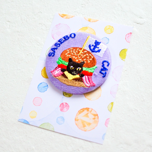 ハンバーガー＆猫の刺繍缶バッジ｜佐世保ご当地猫刺繍 ブローチ