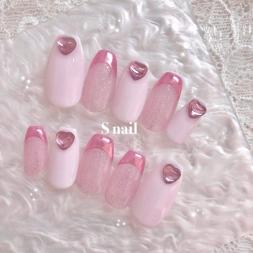 ネイルチップ ピンク ミラー フレンチネイル ハート ストーン ラメ  