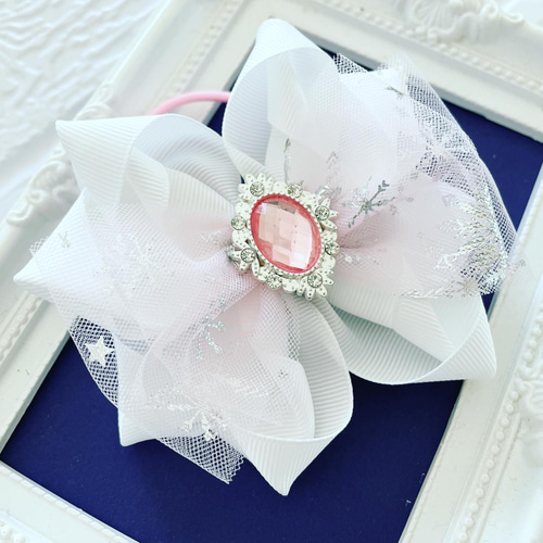 オーガンジ ーリボン ヘアゴム 雪の結晶 2個セット 雪の結晶 リボンヘアゴム スノーフレーク 雪の