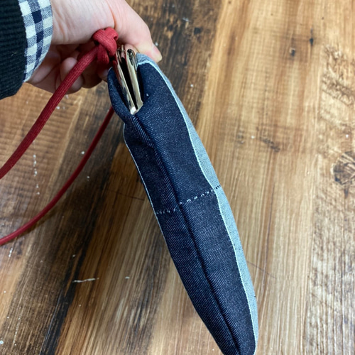 児島デニムのがま口スマホポーチ【パッチワーク柄】ショルダーの