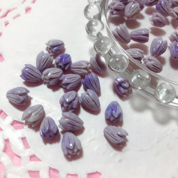 10個　つぼみ　花　ビーズ　マーブルパープル　紫　ビーズ通し穴有り　アモール 2枚目の画像
