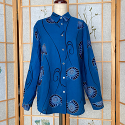 ☆浴衣リメイク☆ シャツブラウス (オリエンタルブルー／和傘) 13号