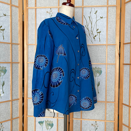 着物リメイク ハンドメイド ブラウスシャツ winepart12 R321 着物リメイク 斧琴菊と格子浴衣合せスクエアネックTブラウス