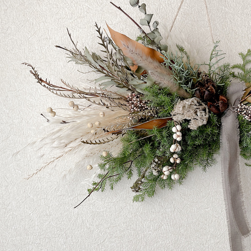 専用＊winter＊コットン＆スモークツリー ドライフラワースワッグ(横型) 専用＊winter＊コットン＆スモークツリー ドライフラワースワッグ(横型