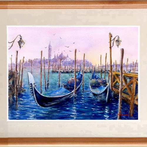 水彩画原画 ヴェネツィア風景・ゴンドラ ＃572 絵画 syoumei
