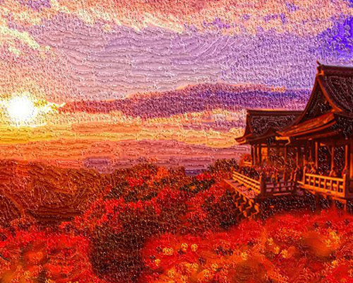 清水寺 夕景 ／ 風景 自然 油彩 アクリル スタンド 夕焼 日 陽 空 紅葉