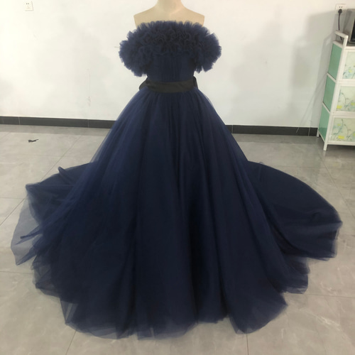 カラードレス 紺/ネイビー 2waysドレス 取り外しオフショルダー 結婚式  