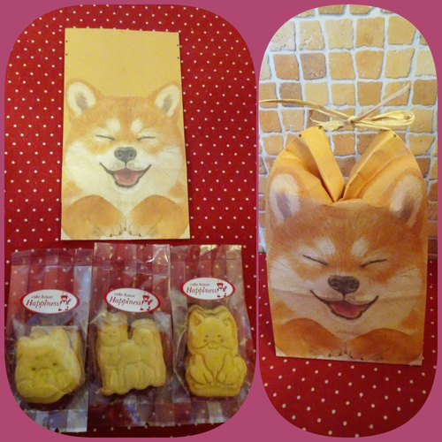 耳が立つ笑顔の柴犬おすそ分け袋に柴犬の形のクッキー３袋♪ スイーツ
