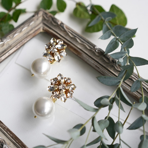 ウェディング　ハンドメイドイヤリング 061ビジュー×パール 結婚式 花嫁 アクセサリー ピアス イヤリング
