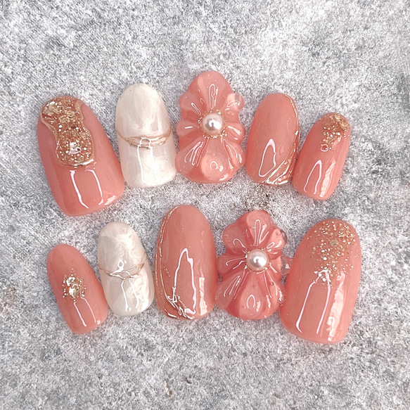 チップ種類、カラー変更可能》ぷっくりお花ピンクゴールドミラーアート  