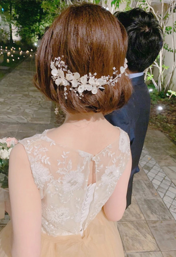 [HA-079] ウェディング　淡水パール　天然シェル　花　結婚式　前撮り　ヘアアクセサリー　ブライダル　ヘッドドレス 4枚目の画像