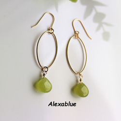 マロン オリーブグリーン ジェード フープピアス K14GFピアス 　olivegreen jade earrings 3枚目の画像