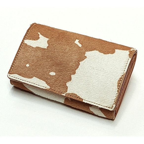 2つ折り財布 ヌメ革 コンパクト財布 ヘアカーフ ホルスタイン柄/白茶×ナチュラル 1枚目の画像