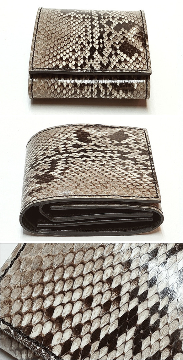 サドルレザー/ヌメ革 蛇革 ダイヤモンドパイソン ショートウォレットミニ財布 2枚目の画像