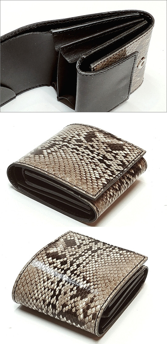 サドルレザー/ヌメ革 蛇革 ダイヤモンドパイソン ショートウォレットミニ財布 5枚目の画像