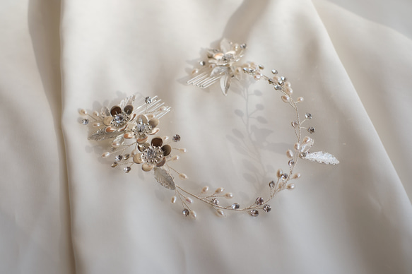 [HA-107] ウェディング　ティアラ　結婚式　花　小枝　淡水パール　バックカチューシャ　ブライダル　ヘッドドレス 8枚目の画像