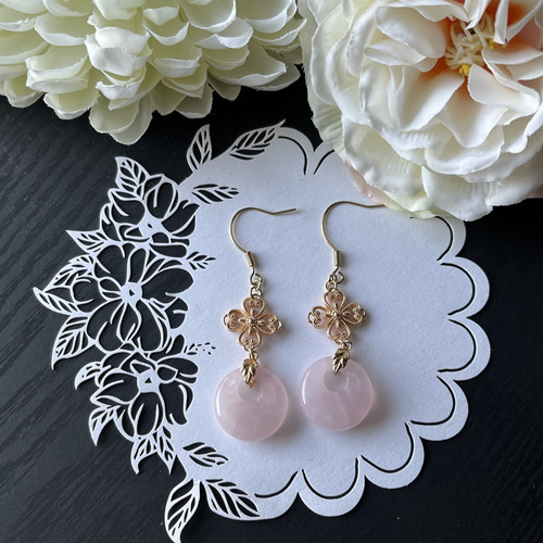 中華風 海天霞 ローズクォーツの平安こうピアス（イヤリング） ピアス