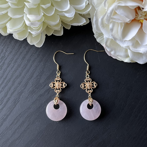 中華風 海天霞 ローズクォーツの平安こうピアス（イヤリング） ピアス