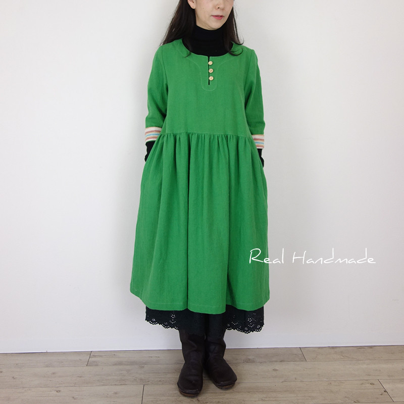 予約販売] ワッシャーハーフリネングリーンランダムストライプギャザー