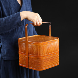 【手編み竹器】手作り竹編み蓋付き食器箱 1枚目の画像