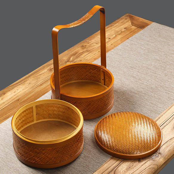 【手編み竹器】手作り竹編み大漆蓋付き食器箱 3枚目の画像