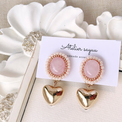 ピンク カボション ハート イヤリング イヤリング・ノンホールピアス