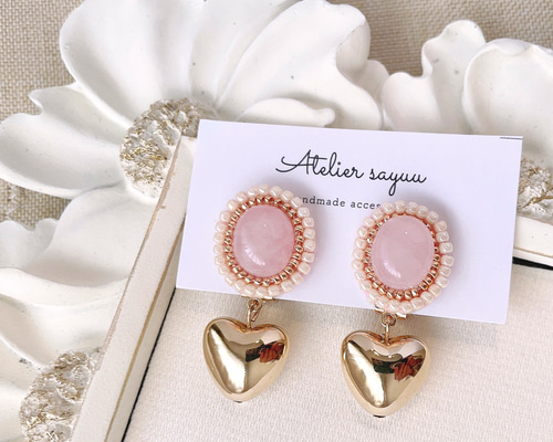 ピンク カボション ハート イヤリング イヤリング・ノンホールピアス