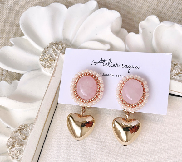 ハート　カボション　ドロップ　ピアス　ハンドメイド　イヤリング変更可 ハート カボション ドロップ ピアス ハンドメイド イヤリング変更可