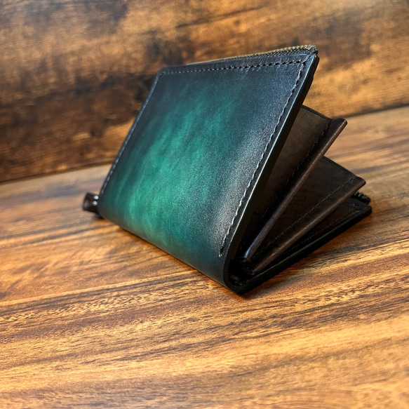 革の手染め- L字ファスナー半財布 / ディープグリーン（深緑） 7枚目の画像