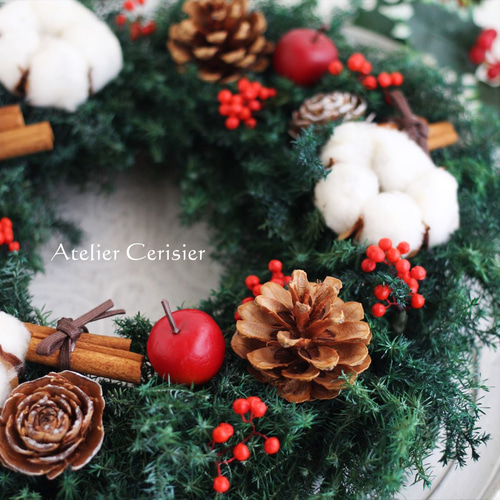 クリスマス飾り　リース&ブーケ クリスマスリース 松ぼっくり わたの実＜プリザーブドフラワー
