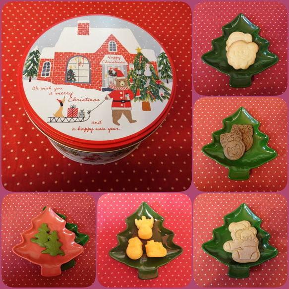 くまサンタ柄のクリスマス丸型ギフト缶にクリスマスの焼き菓子５種類詰め合わせ☆ 1枚目の画像